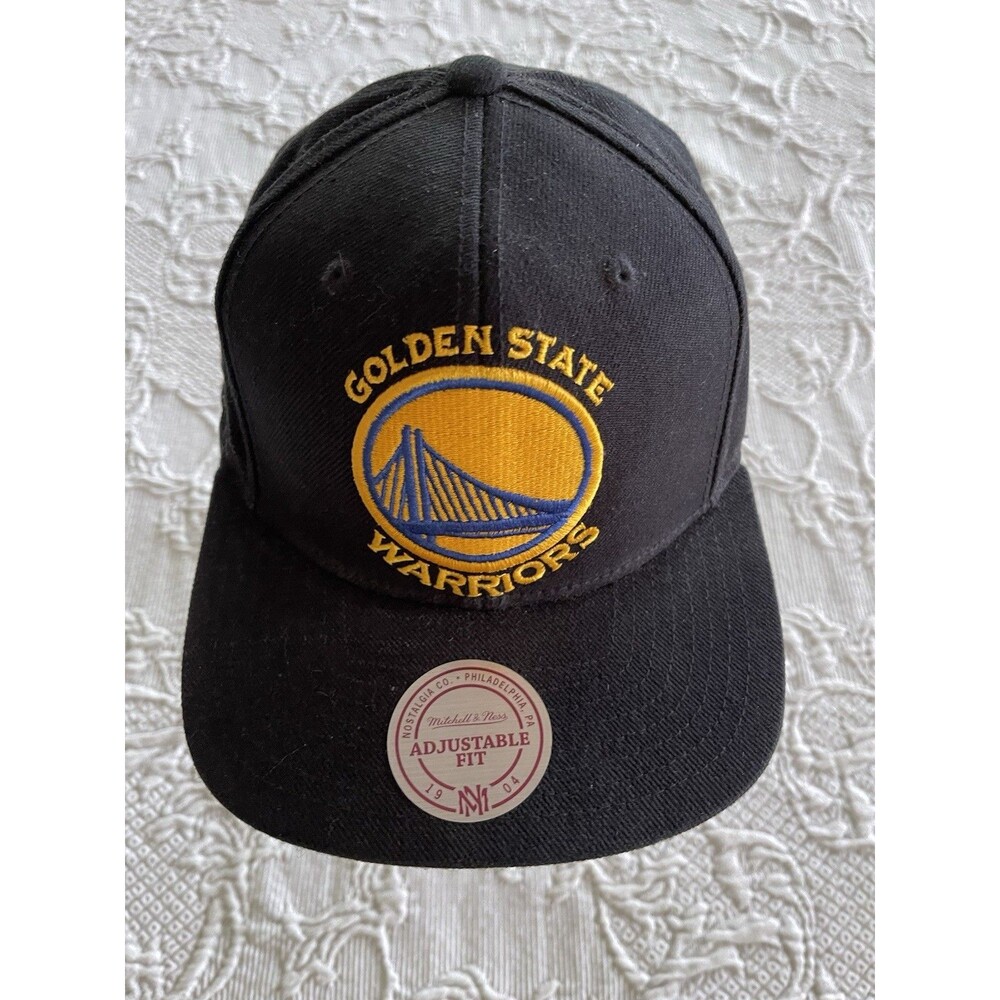 NBA Golden State Warriors Snapback Hat Black + Stitched Logo Mitchell & Ness